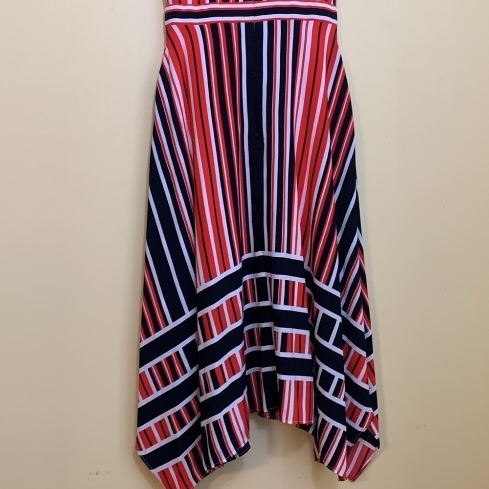 Karl Lagerfeld | Red White Blue Striped Sleeveless Handkerchief Hem Midi Dress 0 - Picture 13 of 17